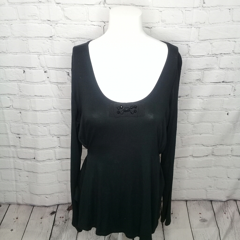 Simply Vera Wang Black Long Sleeve Tie Back Cinch Blouse Beaded Detail Medium